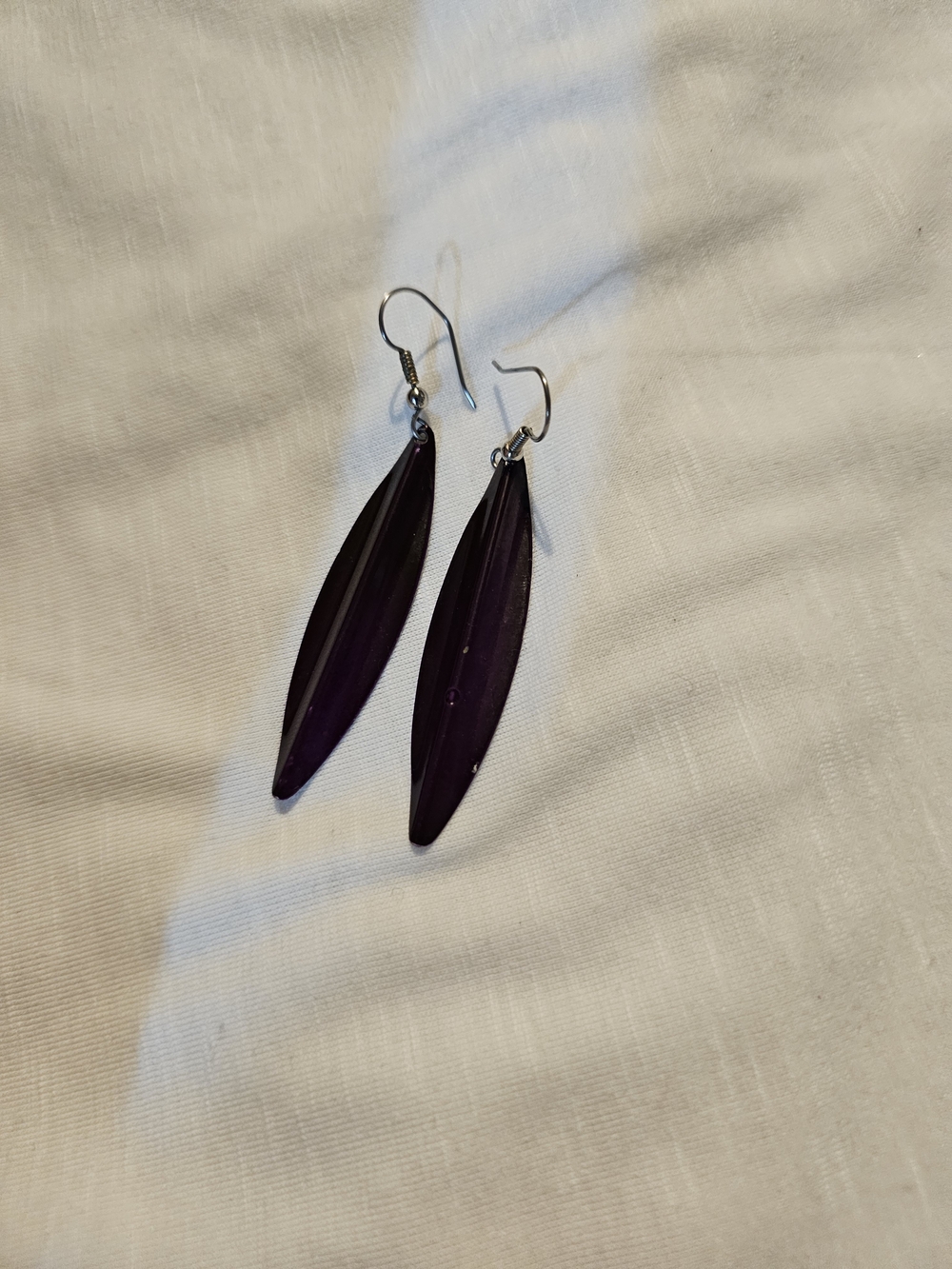 Deep Purple Leaf Drop Earrings with Silver Hooks